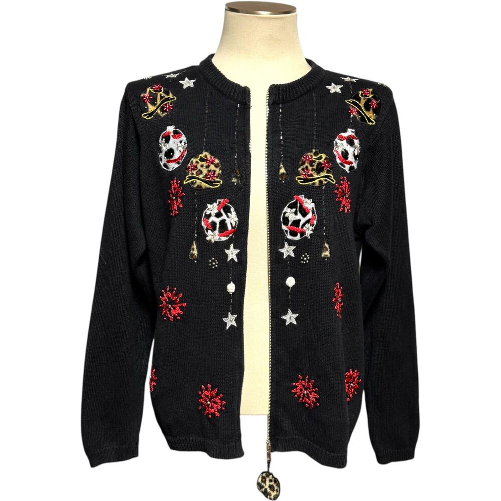 Victoria Jones Beaded Animal Print Holiday Cardigan Sweater Black Leopard Medium